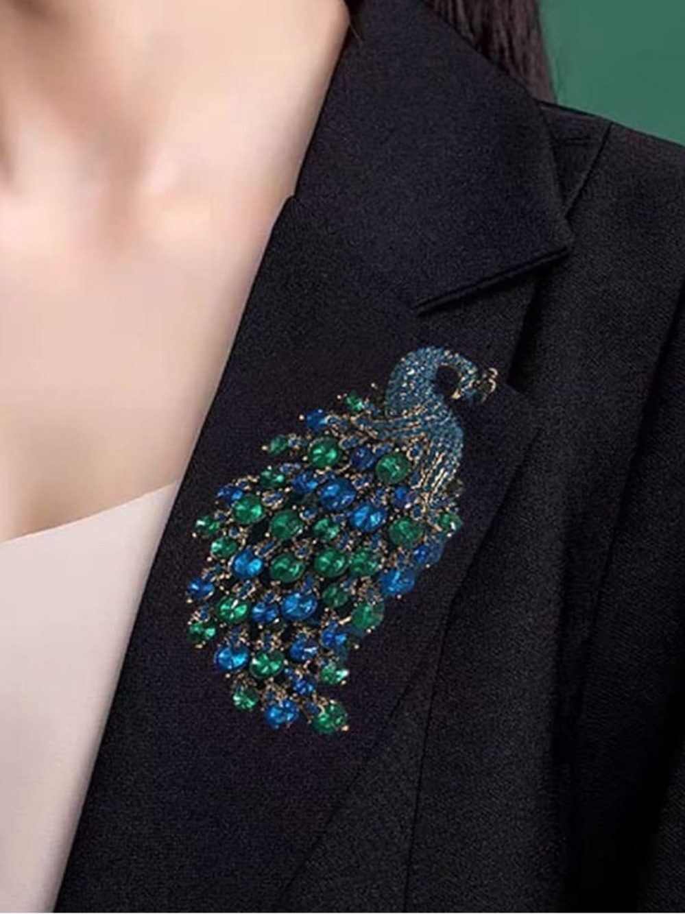 Peacock Crystal Brooch - Blue Green Statement Pin
